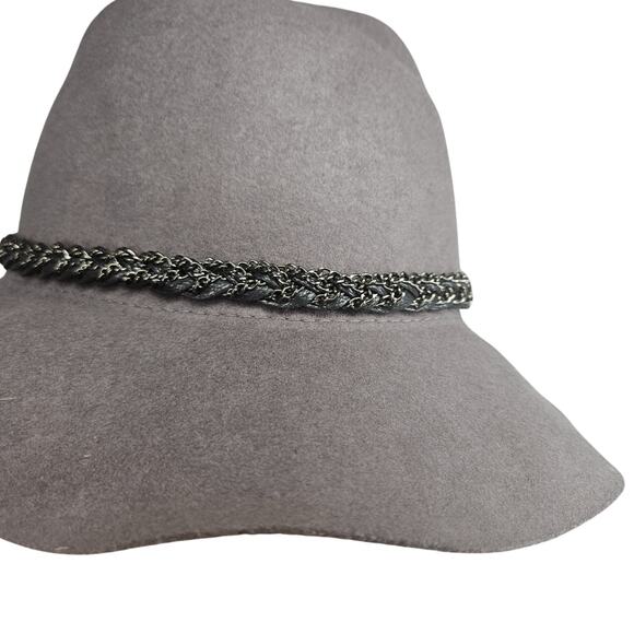 CC Exclusives Gray 100% Wool Wide Floppy Brim Hat Boho Braided Metal Chain Band - Picture 4 of 6